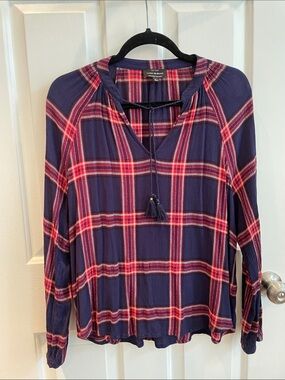 Lucky Brand Navy Plaid Tassel V-Neck Blouse with Subtle Sparkle Threads Size L